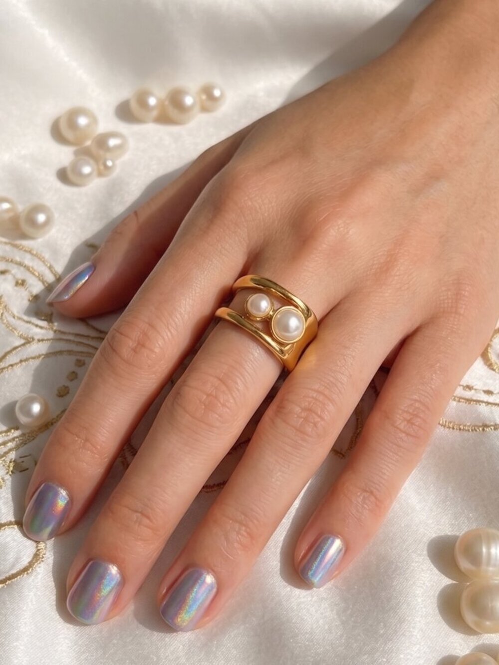Gold Open Overlap Cuff Ring Two Faux Pearls Sculptural Stainless Steel Size 7-9